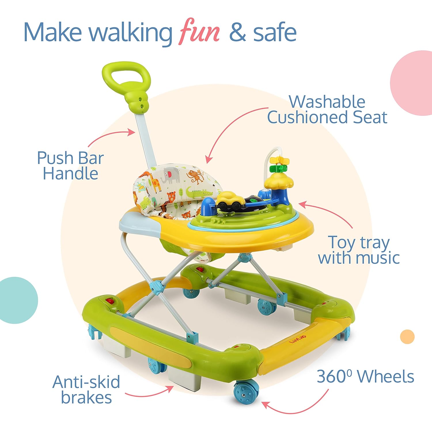 LuvLap Comfy yellow and green baby walker with an adjustable handle, musical toys, and anti-fall, anti-skid safety features for infants www.usmile.toys